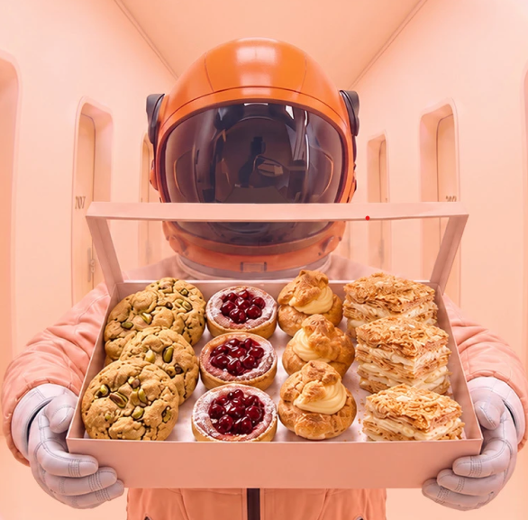 Galactic Discounts — astronaut with pastry tray